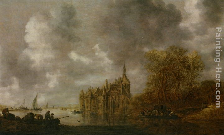 An extensive river landscape with figures rowing and a castle beyond painting - Jan van Goyen An extensive river landscape with figures rowing and a castle beyond art painting